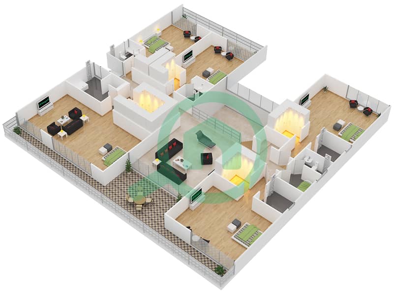 المخططات الطابقية لتصميم النموذج B1 فیلا 6 غرف نوم - باركوايز First Floor interactive3D
