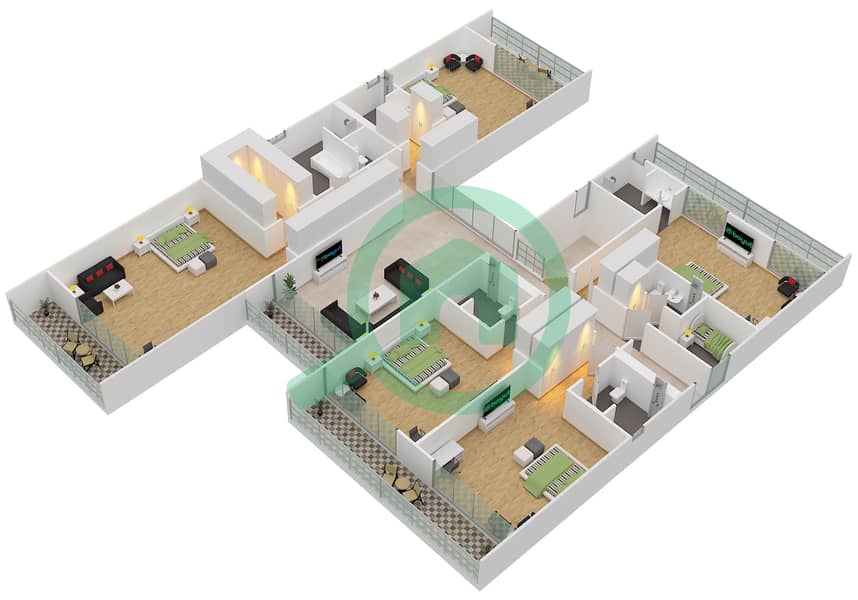 المخططات الطابقية لتصميم النموذج B2 فیلا 6 غرف نوم - فيرواي فيستاز First Floor interactive3D