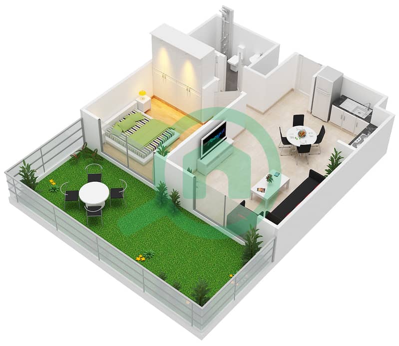 المخططات الطابقية لتصميم النموذج / الوحدة 1A,1B/1-5,9-10,18 شقة 1 غرفة نوم - بارك ريدج interactive3D