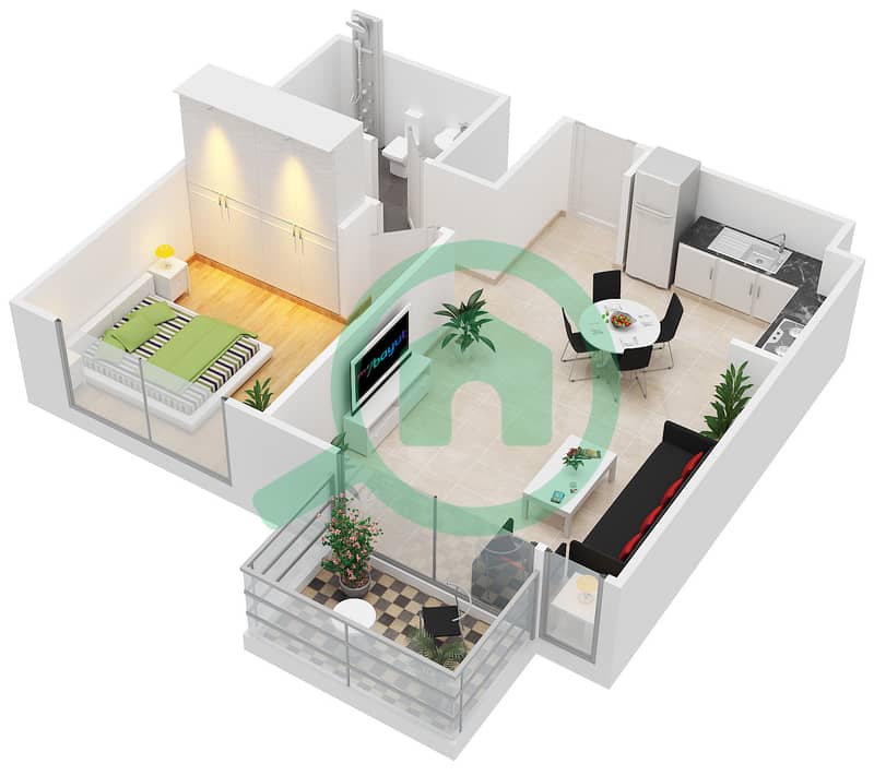 المخططات الطابقية لتصميم النموذج / الوحدة 1D/1-2,5,11 شقة 1 غرفة نوم - بارك ريدج Floor 1-2,7-13,18-19,21,22 interactive3D