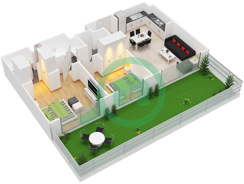 المخططات الطابقية لتصميم النموذج / الوحدة 2A/6-8,11-13,16-17 شقة 2 غرفة نوم - بارك ريدج interactive3D