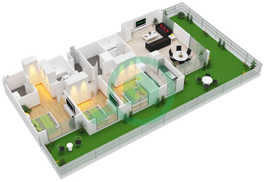 公园山岭 - 3 卧室公寓类型／单位3A/14-15戶型图 interactive3D