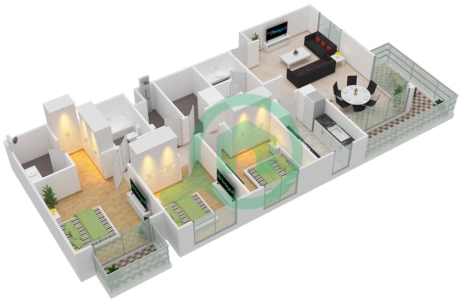 المخططات الطابقية لتصميم النموذج / الوحدة 3B/17-18 شقة 3 غرف نوم - بارك ريدج Floor 1-2,7-13,18 interactive3D
