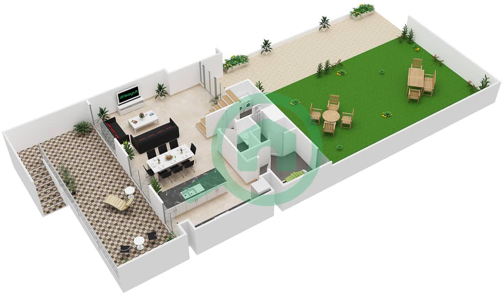 المخططات الطابقية لتصميم النموذج / الوحدة A/1-6 تاون هاوس 3 غرف نوم - بارك ريدج Ground Floor interactive3D