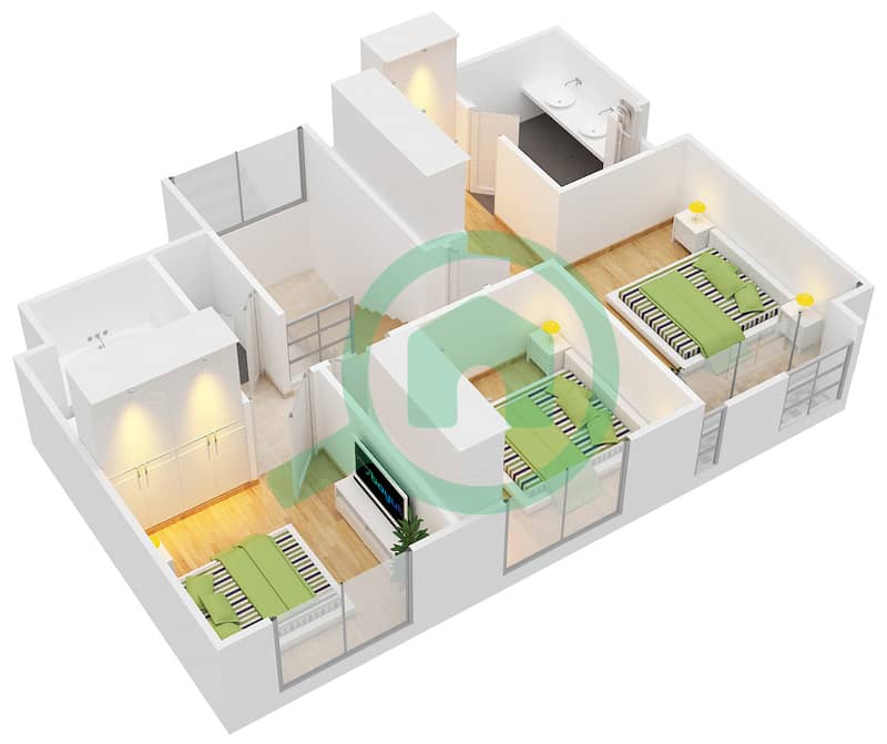 المخططات الطابقية لتصميم النموذج / الوحدة A/1-6 تاون هاوس 3 غرف نوم - بارك ريدج First Floor interactive3D