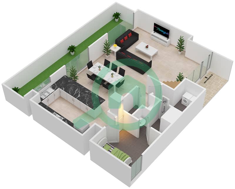 المخططات الطابقية لتصميم النموذج / الوحدة D/20-21 تاون هاوس 3 غرف نوم - بارك ريدج Ground Floor interactive3D