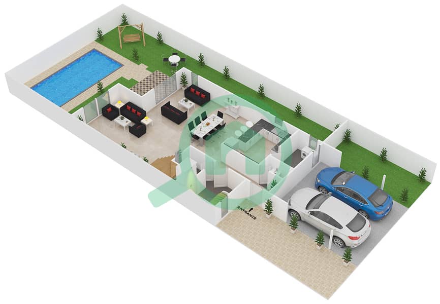 المخططات الطابقية لتصميم النموذج D فیلا 5 غرف نوم - فلل الريف Ground Floor interactive3D