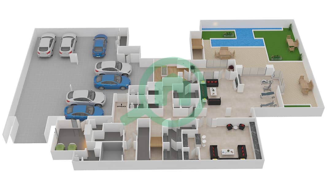 迪拜山林社区 - 7 卧室别墅类型3 CONTEMPORARY ARABESQUE戶型图 Lower Floor interactive3D