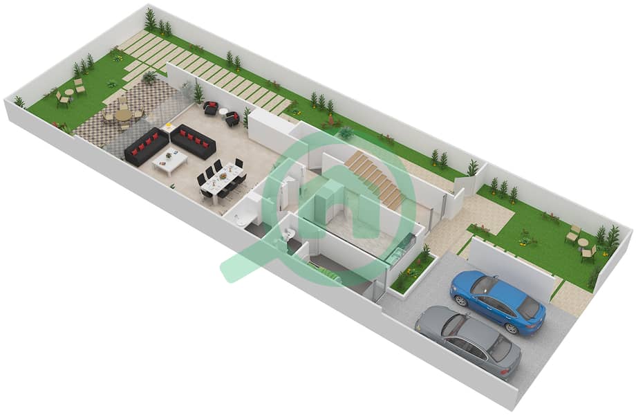 المخططات الطابقية لتصميم النموذج TH-K تاون هاوس 3 غرف نوم - فلل داماك من باراماونت للفنادق والمنتجعات Ground Floor interactive3D