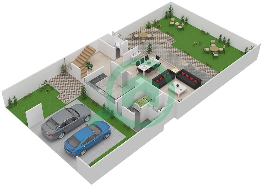المخططات الطابقية لتصميم النموذج TH-M1 تاون هاوس 3 غرف نوم - فلل داماك من باراماونت للفنادق والمنتجعات Ground Floor interactive3D