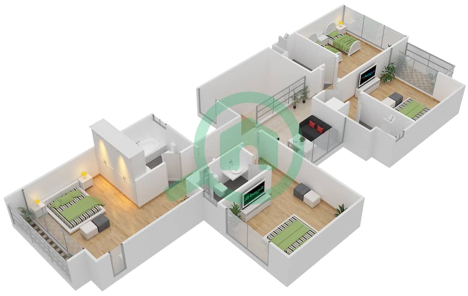 المخططات الطابقية لتصميم النموذج TH-H تاون هاوس 4 غرف نوم - فلل داماك من باراماونت للفنادق والمنتجعات First Floor interactive3D
