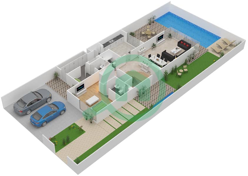 المخططات الطابقية لتصميم النموذج TH-D تاون هاوس 5 غرف نوم - فلل داماك من باراماونت للفنادق والمنتجعات Ground Floor interactive3D