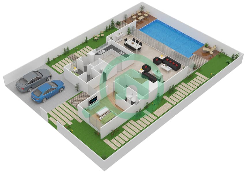 DAMAC Villas by Paramount Hotels and Resorts - 5 Bedroom Villa Type V-3 Floor plan Ground Floor interactive3D