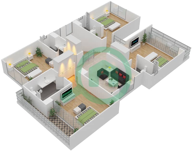DAMAC Villas by Paramount Hotels and Resorts - 5 Bedroom Villa Type V-3 Floor plan First Floor interactive3D