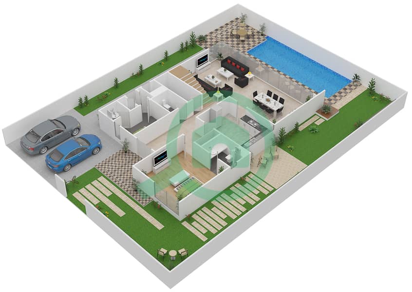 المخططات الطابقية لتصميم النموذج V-4 فیلا 5 غرف نوم - فلل داماك من باراماونت للفنادق والمنتجعات Ground Floor interactive3D