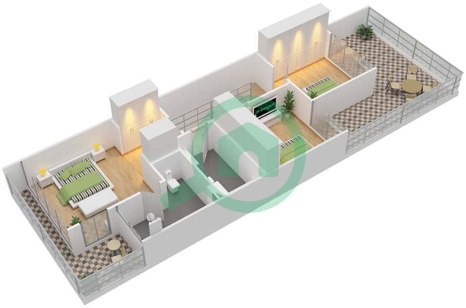 المخططات الطابقية لتصميم النموذج TH-T2-A تاون هاوس 4 غرف نوم - ترامب استايت First Floor interactive3D