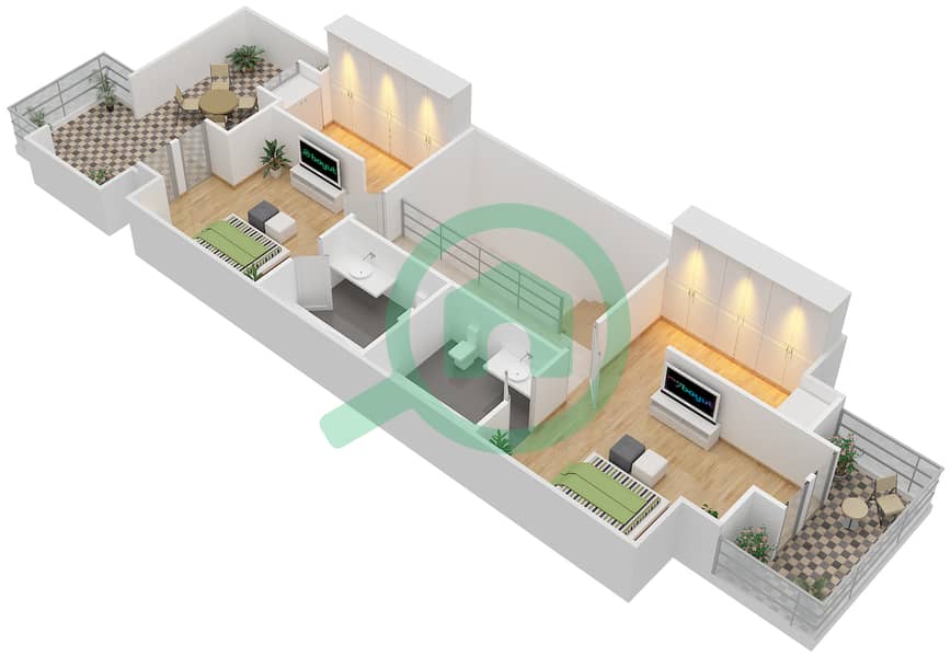 المخططات الطابقية لتصميم الوحدة B تاون هاوس 4 غرف نوم - 1 ملبيري Second Floor interactive3D