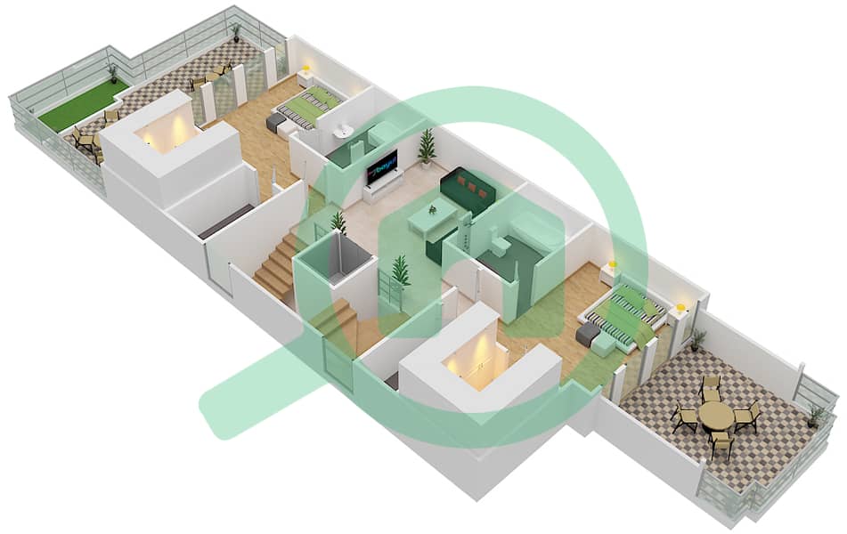 المخططات الطابقية لتصميم الوحدة E تاون هاوس 4 غرف نوم - 1 ملبيري First Floor interactive3D