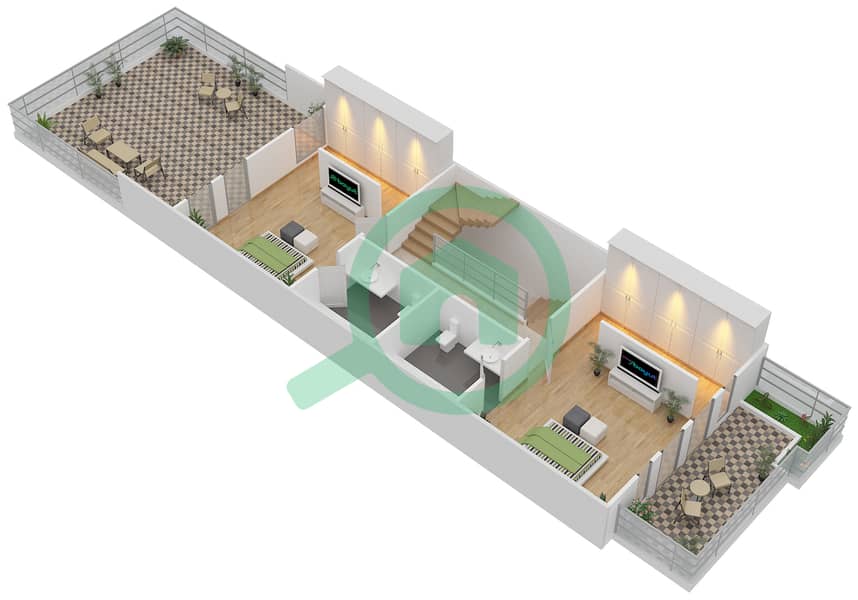 المخططات الطابقية لتصميم الوحدة C تاون هاوس 4 غرف نوم - 1 ملبيري First Floor interactive3D