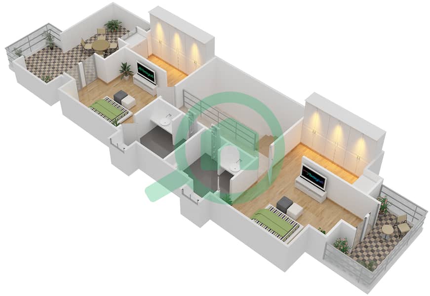 المخططات الطابقية لتصميم الوحدة C تاون هاوس 4 غرف نوم - 1 ملبيري Second Floor interactive3D