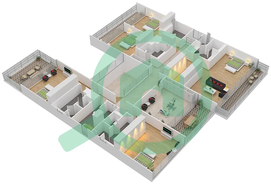 المخططات الطابقية لتصميم النموذج B1 فیلا 6 غرف نوم - غولف بلايس First Floor interactive3D