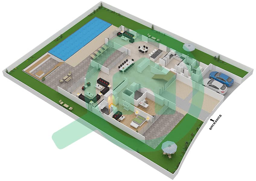 Гольф Плейс - Вилла 6 Cпальни планировка Тип B3 Ground Floor interactive3D