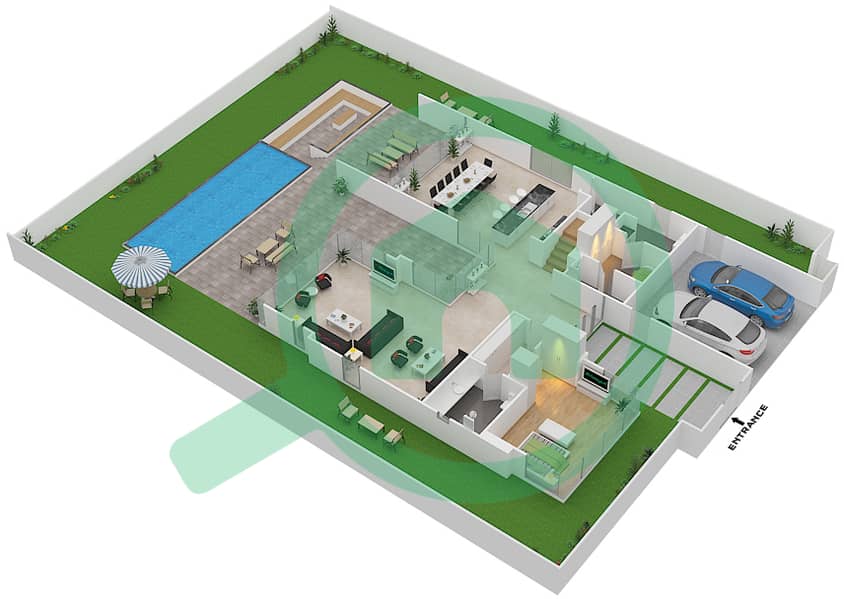 المخططات الطابقية لتصميم النموذج D1 فیلا 4 غرف نوم - غولف بلايس Ground Floor interactive3D
