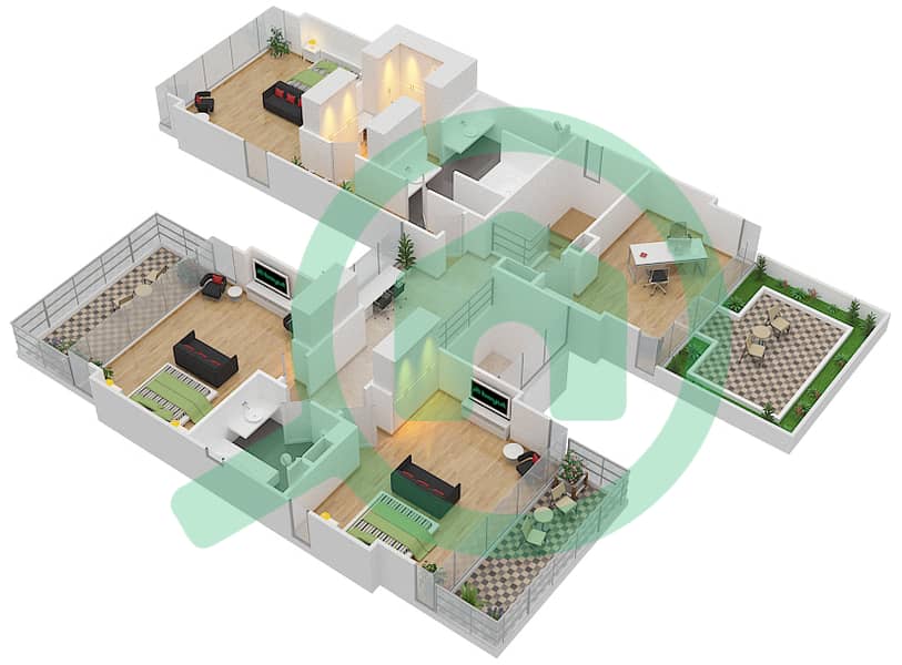 Гольф Плейс - Вилла 4 Cпальни планировка Тип D1 First Floor interactive3D