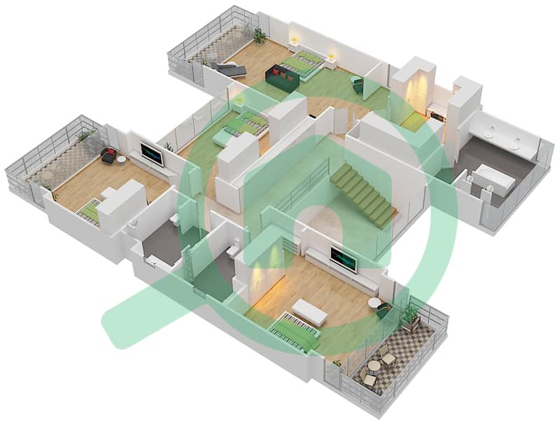 Гольф Плейс - Вилла 5 Cпальни планировка Тип D2 First Floor interactive3D