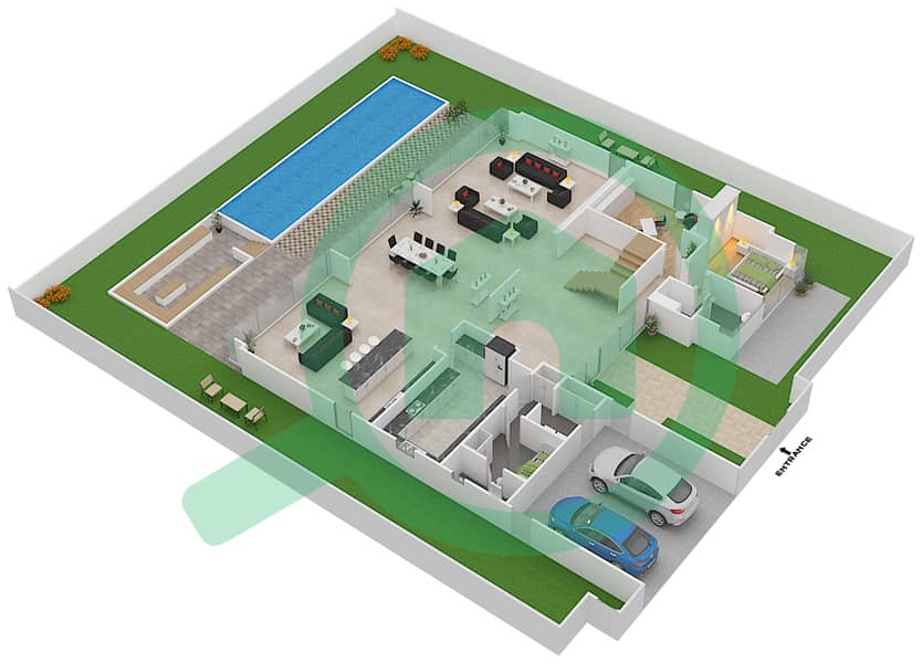 المخططات الطابقية لتصميم النموذج D3 فیلا 5 غرف نوم - غولف بلايس Ground Floor interactive3D