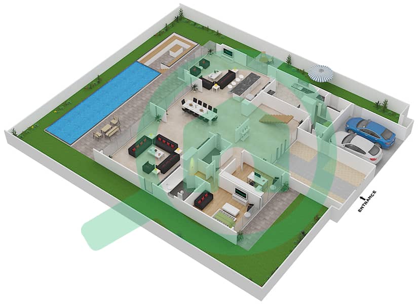 المخططات الطابقية لتصميم النموذج D4 فیلا 6 غرف نوم - غولف بلايس Ground Floor interactive3D
