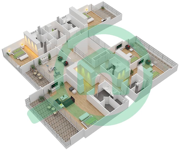 Гольф Плейс - Вилла 6 Cпальни планировка Тип B1 ELEGANT First Floor interactive3D