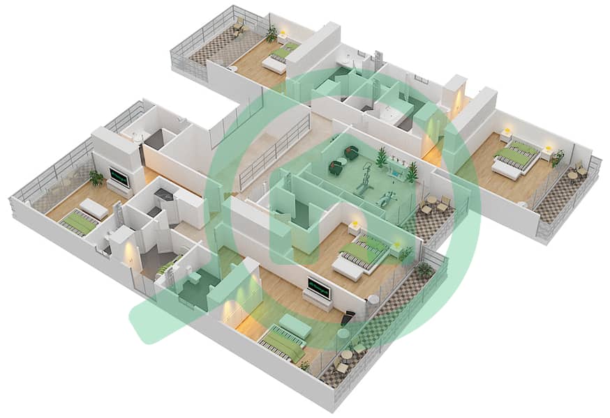 Гольф Плейс - Вилла 6 Cпальни планировка Тип B2 MODERN First Floor interactive3D