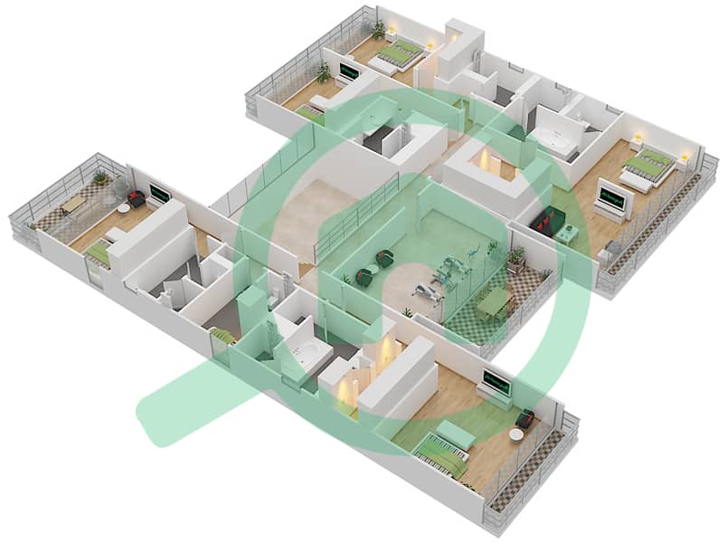 المخططات الطابقية لتصميم النموذج B3 MODERN فیلا 6 غرف نوم - غولف بلايس First Floor interactive3D