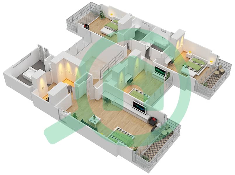 Гольф Плейс - Вилла 5 Cпальни планировка Тип D2 CONTEMPORARY First Floor interactive3D