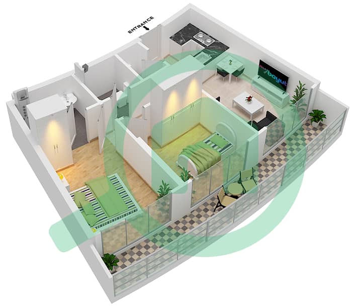 المخططات الطابقية لتصميم النموذج E  FLOOR 5-21 شقة 2 غرفة نوم - داماك ميزون بايز إيدج Floor 5-21 interactive3D