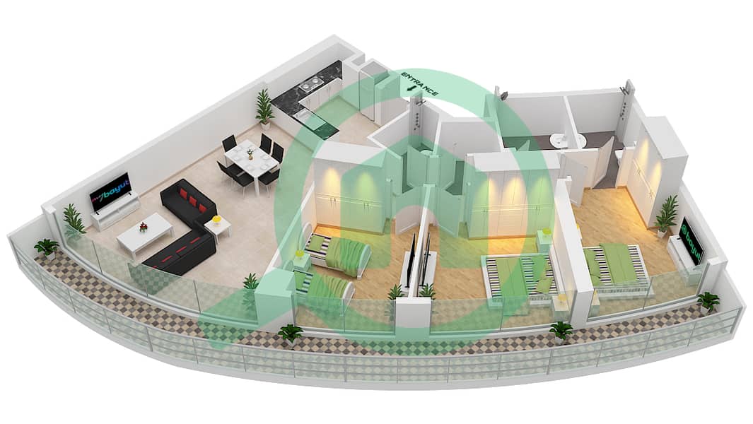 المخططات الطابقية لتصميم النموذج F FLOOR 5-21 شقة 3 غرف نوم - داماك ميزون بايز إيدج Floor 5-21 interactive3D