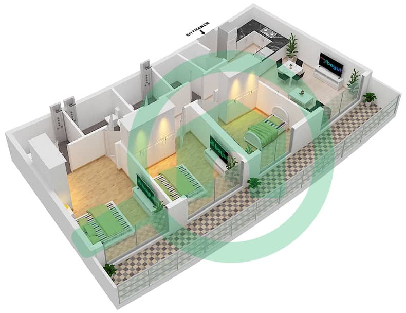 DAMAC Maison Bay's Edge - 3 Bedroom Apartment Type I  FLOOR 5-9 Floor plan Floor 5-9 interactive3D
