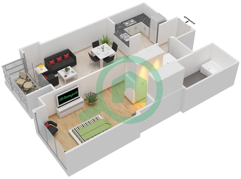 المخططات الطابقية لتصميم النموذج A شقة 1 غرفة نوم - بروج فيوز interactive3D