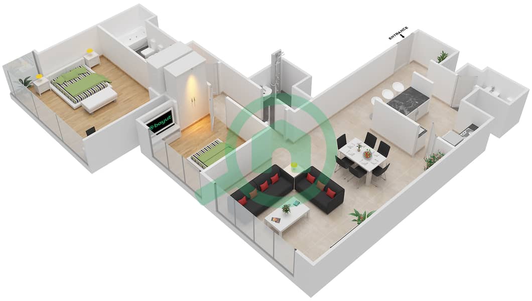 المخططات الطابقية لتصميم النموذج D شقة 2 غرفة نوم - بروج فيوز interactive3D