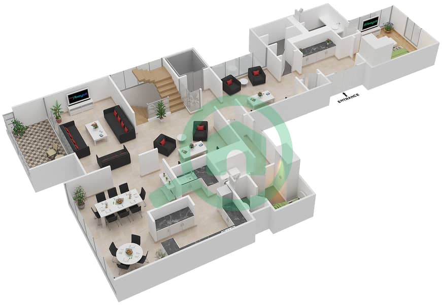 المخططات الطابقية لتصميم النموذج E شقة 5 غرف نوم - بروج فيوز Ground Floor interactive3D