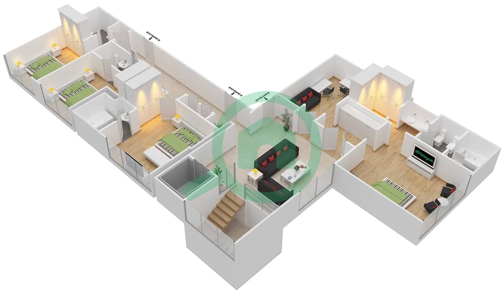 المخططات الطابقية لتصميم النموذج E شقة 5 غرف نوم - بروج فيوز First Floor interactive3D