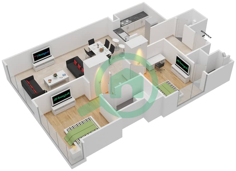 المخططات الطابقية لتصميم النموذج B شقة 2 غرفة نوم - بروج فيوز interactive3D