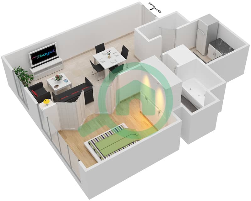 المخططات الطابقية لتصميم النموذج C شقة 1 غرفة نوم - بروج فيوز interactive3D