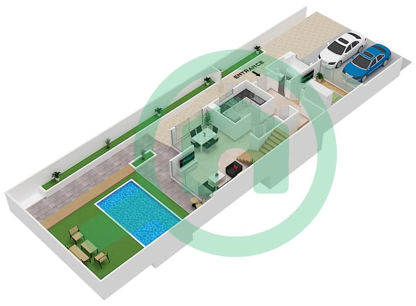 المخططات الطابقية لتصميم النموذج TH-T3-B تاون هاوس 4 غرف نوم - ترامب استايت Ground Floor interactive3D