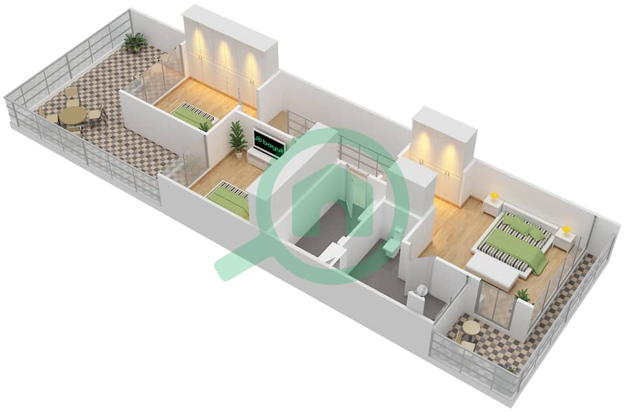المخططات الطابقية لتصميم النموذج TH-T3-B تاون هاوس 4 غرف نوم - ترامب استايت First Floor interactive3D