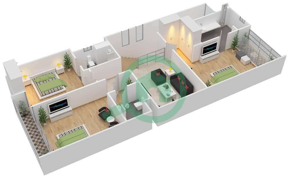 المخططات الطابقية لتصميم النموذج TH-K تاون هاوس 3 غرف نوم - كوينز ميدوز First Floor interactive3D
