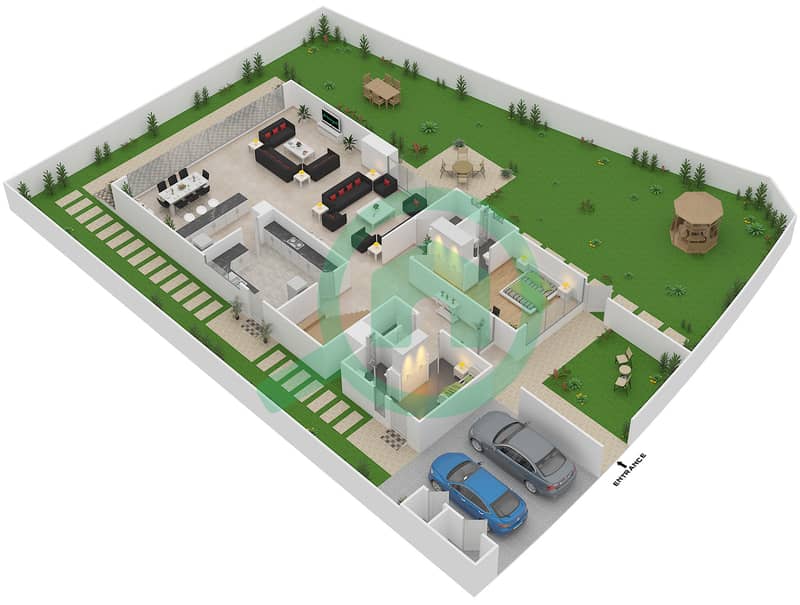 المخططات الطابقية لتصميم النموذج 7 فیلا 6 غرف نوم - كوينز ميدوز Ground Floor interactive3D