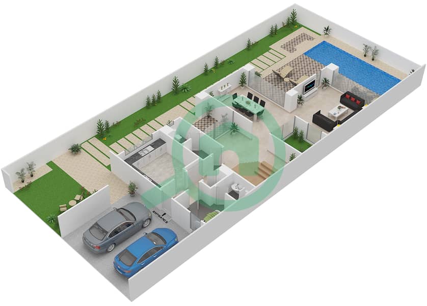 المخططات الطابقية لتصميم النموذج B فيلا تجارية 4 غرف نوم - كوينز ميدوز Ground Floor interactive3D