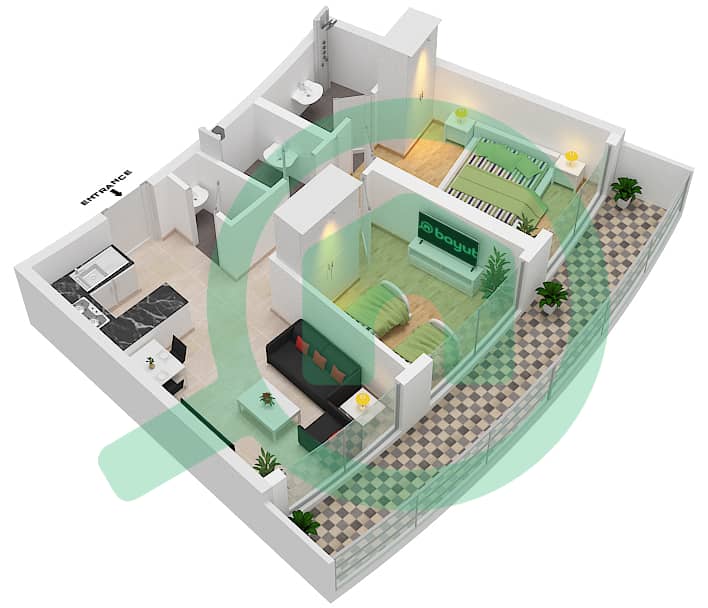 المخططات الطابقية لتصميم النموذج R  FLOOR 22 شقة 2 غرفة نوم - داماك ميزون بايز إيدج Floor 22 interactive3D